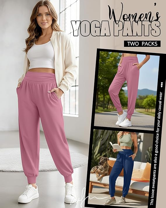 2-Pack Women’s Yoga Joggers – High-Waisted, Comfy Lounge Sweatpants with Pockets