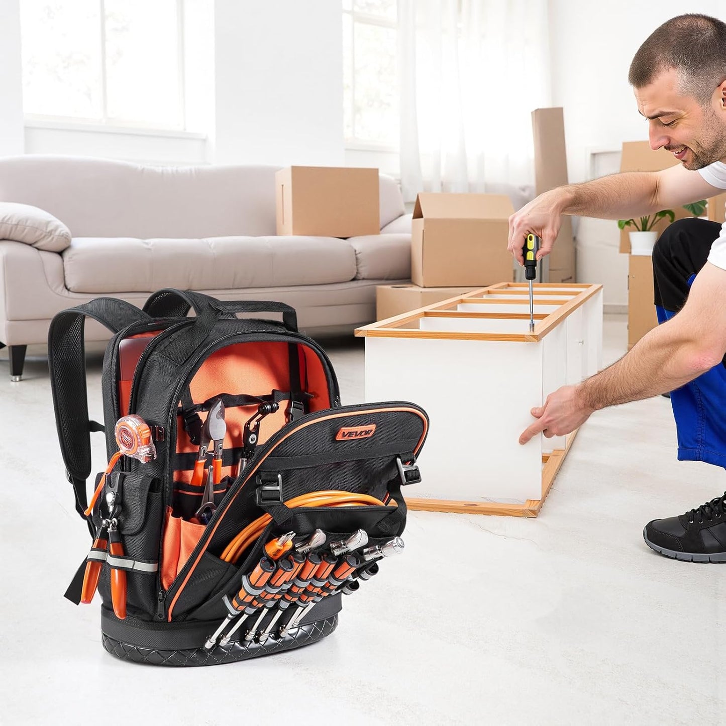 64 Pocket Heavy-Duty Tool Backpack – Jobsite Organizer Bag with Laptop Compartment & Molded Base for Electricians & HVAC Techs