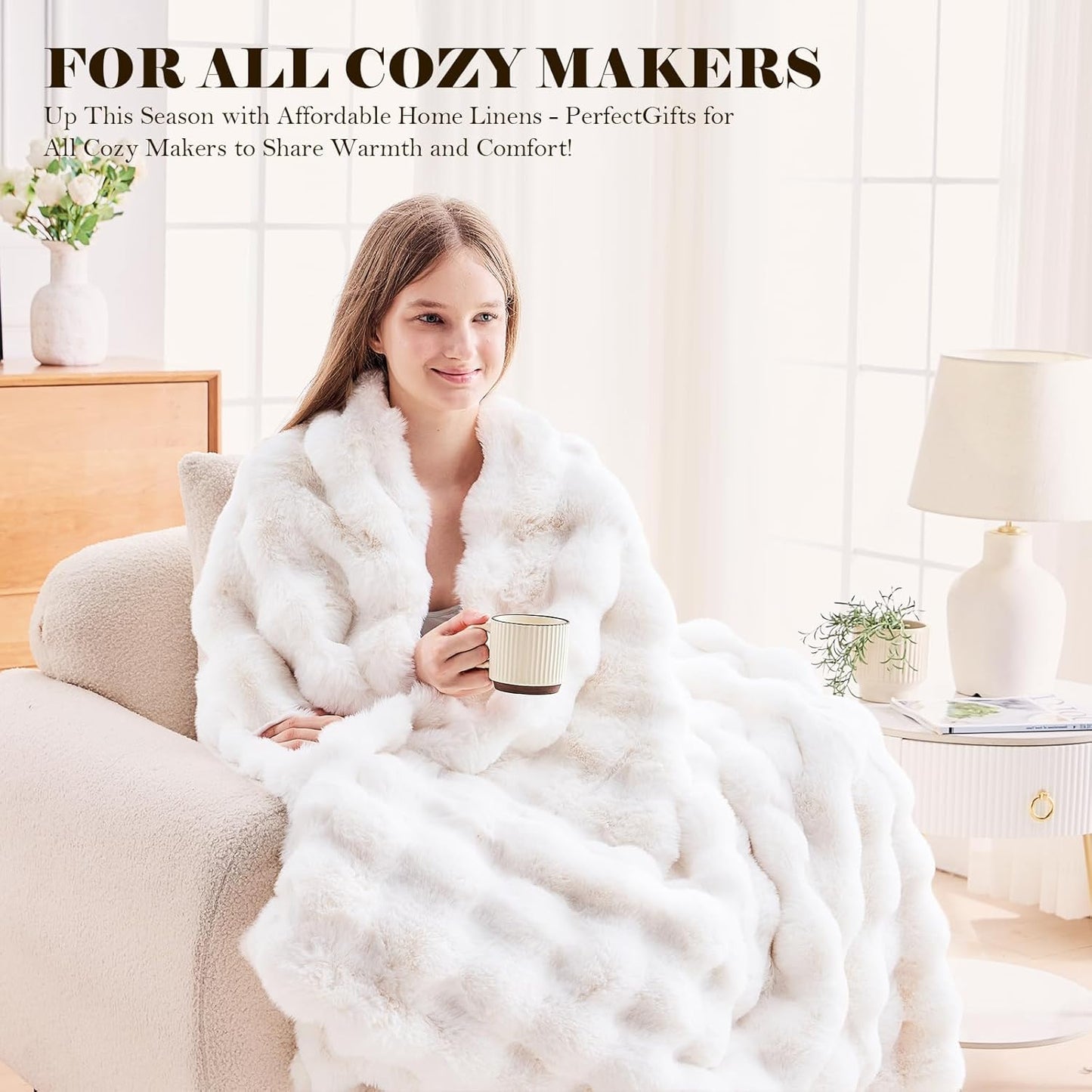 Faux Fur Throw Blanket – 1000 GSM Plush Bubble Sherpa (Ivory White, 50x60)