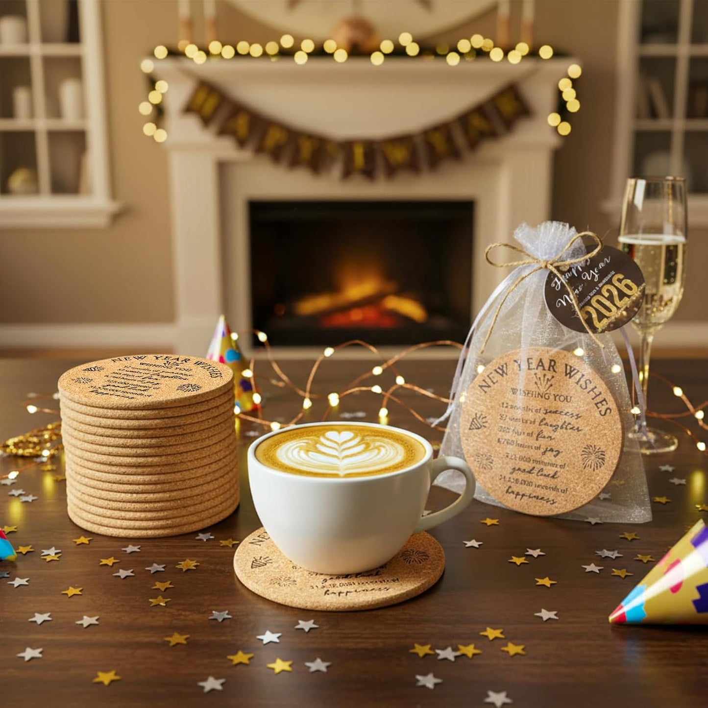 20 Sets Happy New Year Gifts - Cork Coasters with Blessing Cards for Guests (3.94" Cup Holders)
