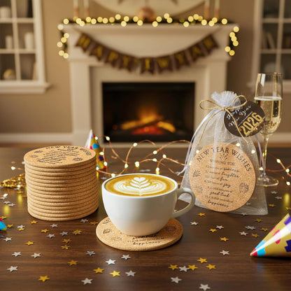 20 Sets Happy New Year Gifts - Cork Coasters with Blessing Cards for Guests (3.94" Cup Holders)