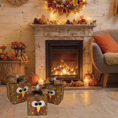 Light-Up Thanksgiving Turkey Gift Boxes – 80-Light Prelit Fall Porch & Table Decorations with 8 Modes & Timer