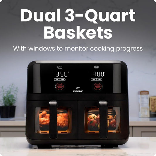 6 Quart Dual Basket Air Fryer Oven with Easy View Windows, Sync Finish