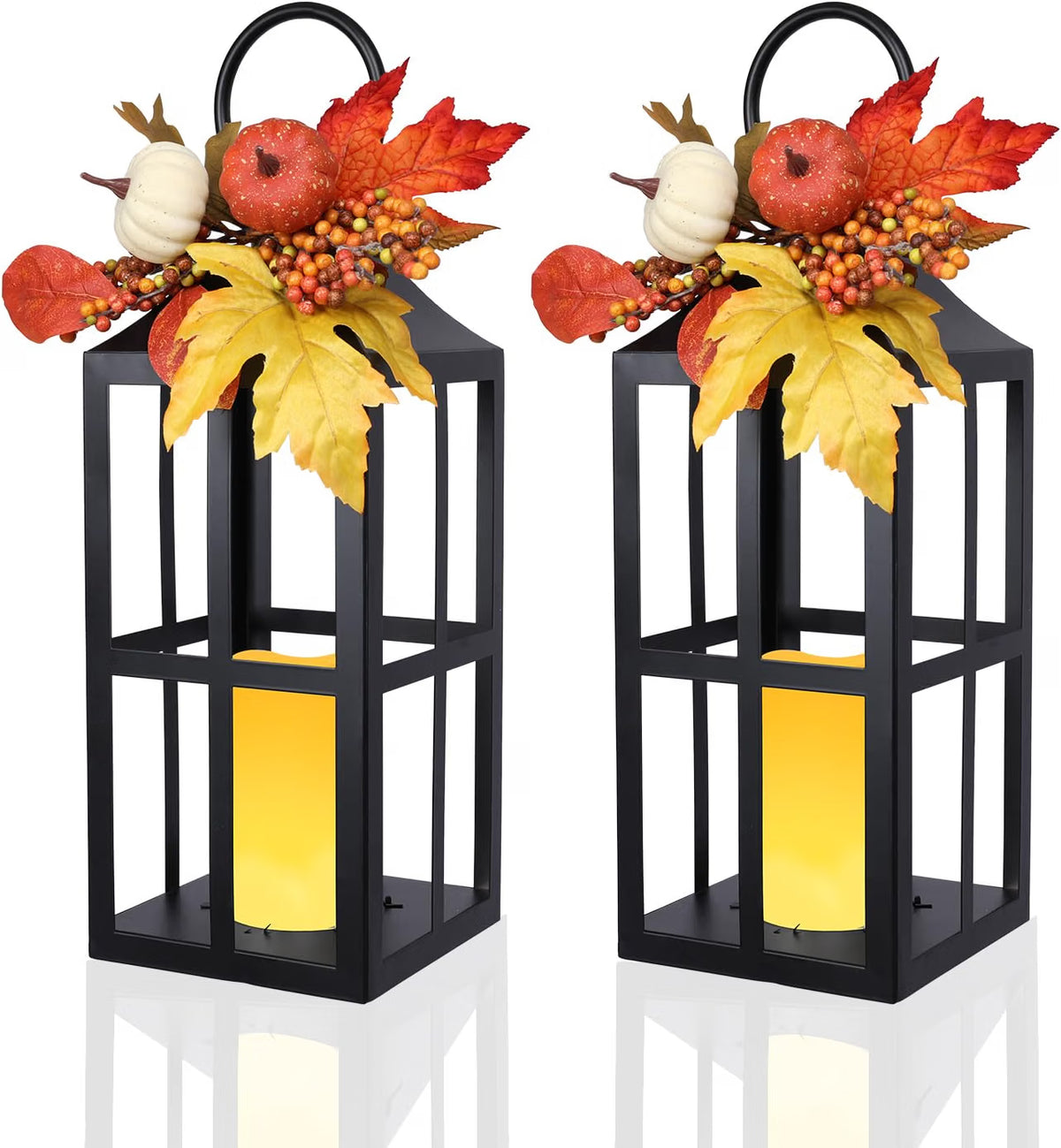 2-Pack 17.7" Fall Lanterns with LED Candles – Thanksgiving Décor with Timer for Table, Porch & Home