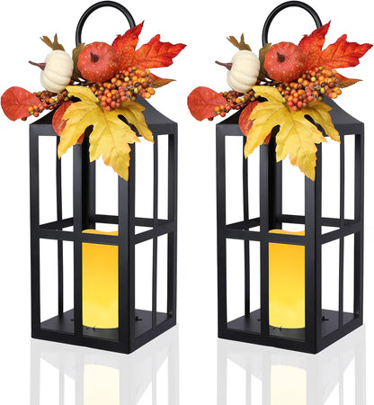 2-Pack 17.7" Fall Lanterns with LED Candles – Thanksgiving Décor with Timer for Table, Porch & Home