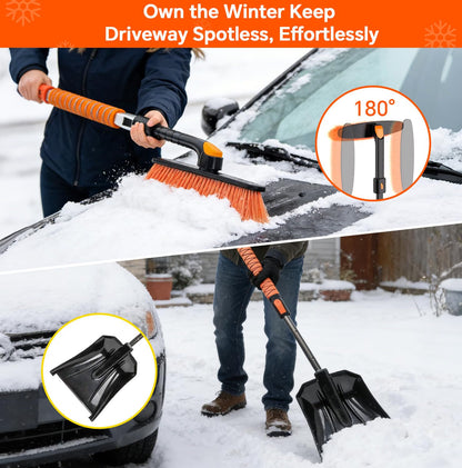 7-in-1 Extendable Snow Brush & Shovel Kit – 47.2" Ice Scraper with 360° Pivoting Head, Foam Grip & Glove for Cars