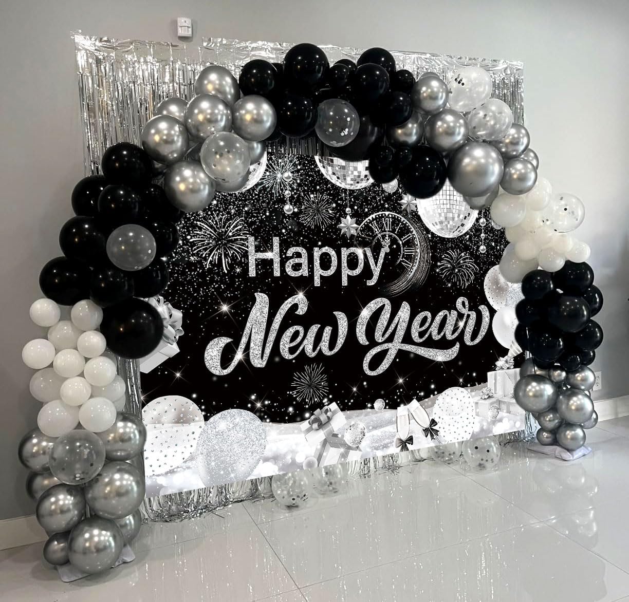 2026 Happy New Year Backdrop – 10x8 FT Black & Silver Photo Background with Fireworks & Champagne