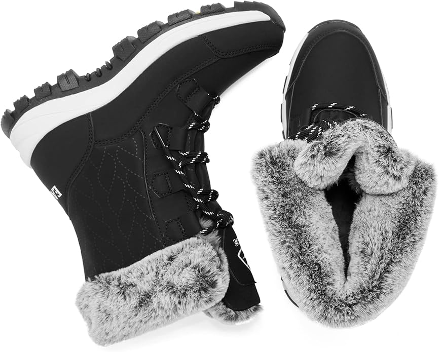 Women’s Waterproof Mid-Calf Snow Boots – Faux Fur Lined, Non-Slip Sole (Black Wheat Stripe, Size 8)