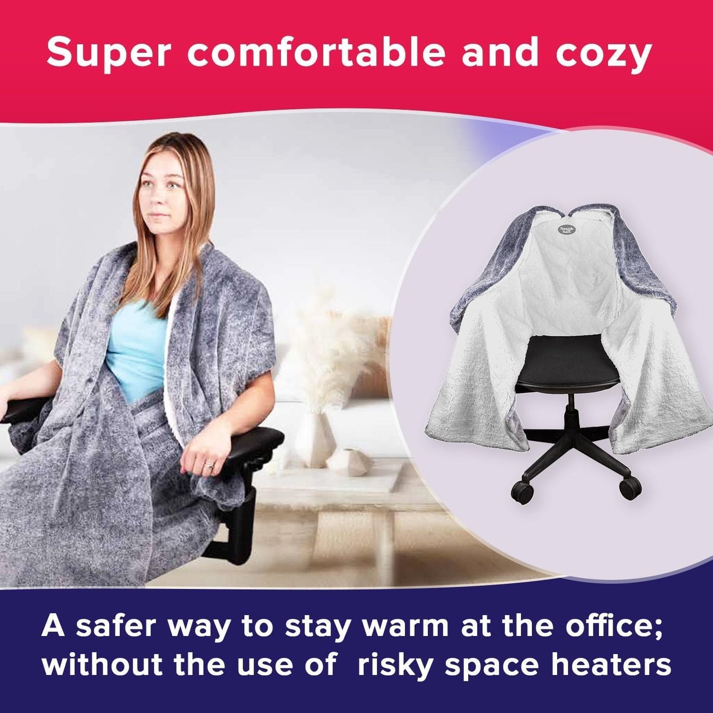 Cozy Desk Chair Wrap – Hands-Free Heated Faux Fur Cover (Blue Pattern Fleece)