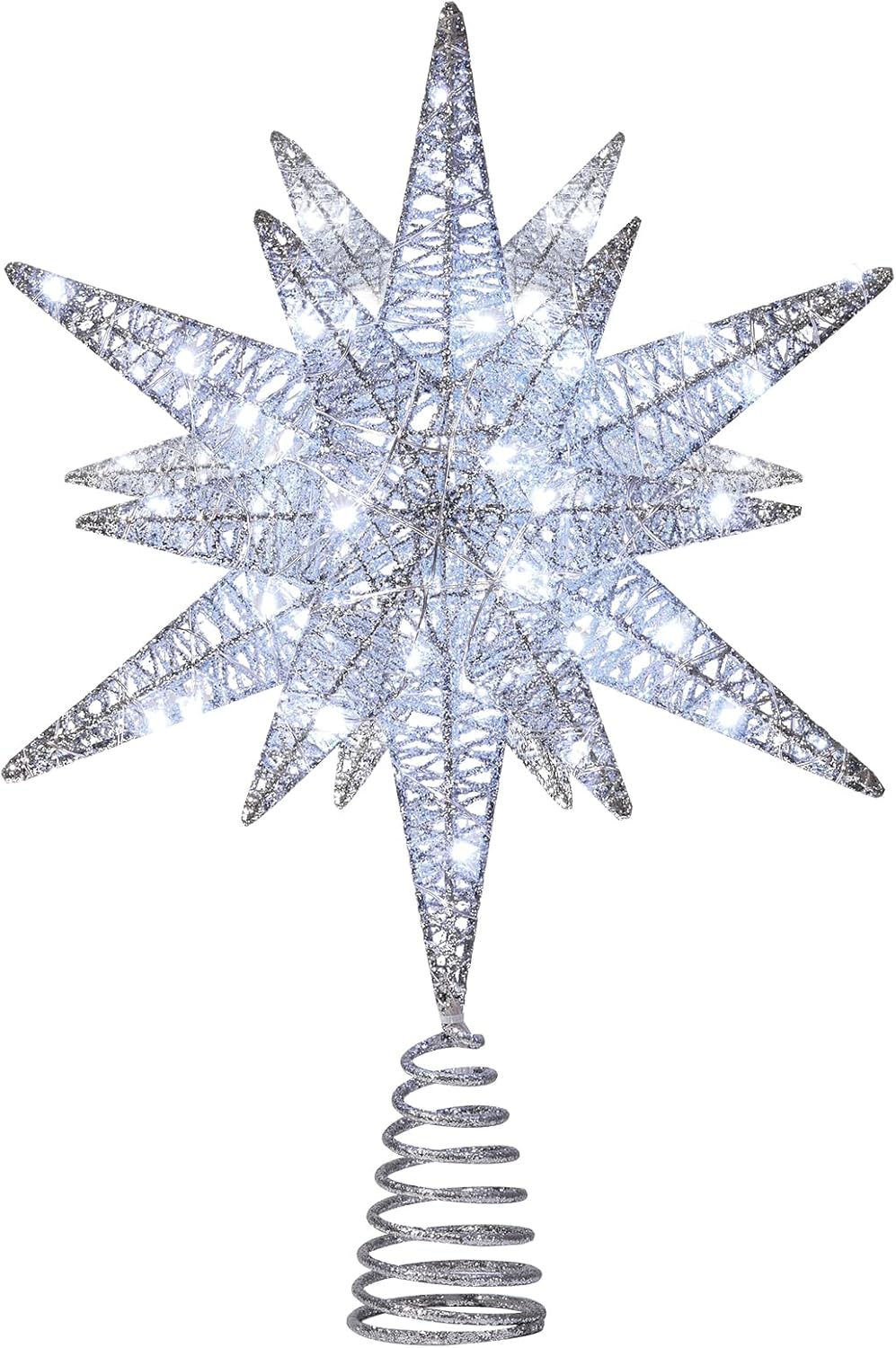 Christmas Tree Topper - 9.6" 3D Silver Star with USB Plug & Remote Control, Featuring 6H Timer and 8 Lighting Modes
