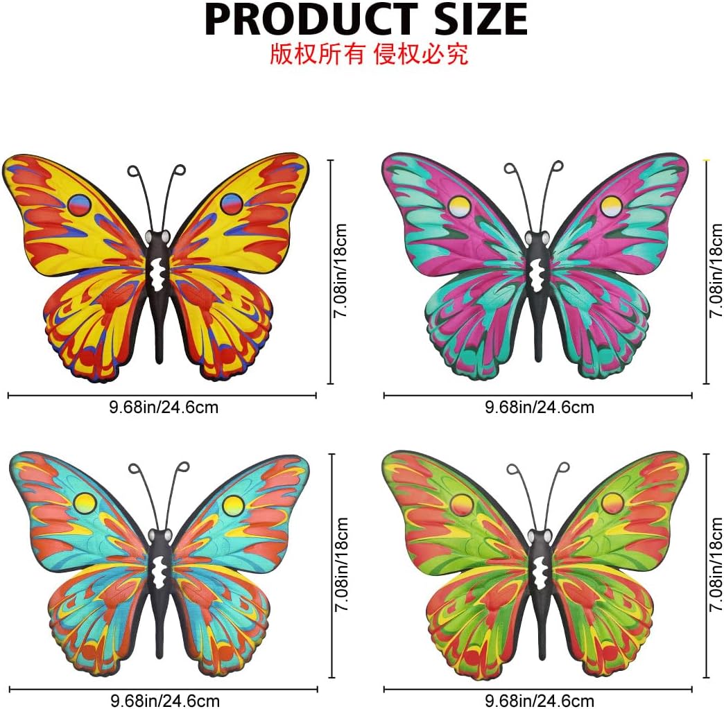 9.6" Metal Butterfly Wall Décor (4 Pack) – Outdoor Fence & Garden Wall Art for Patio, Balcony, Living Room or Bedroom