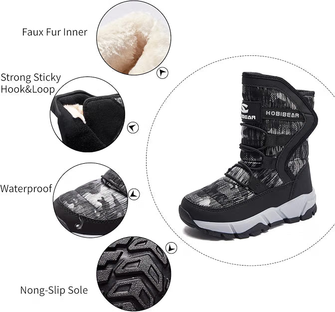 Boys’ Black Snow Boots – Waterproof Slip-Resistant Winter Cold Weather Shoes, Size 1.5 Little Kid