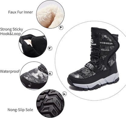 Boys’ Black Snow Boots – Waterproof Slip-Resistant Winter Cold Weather Shoes, Size 1.5 Little Kid