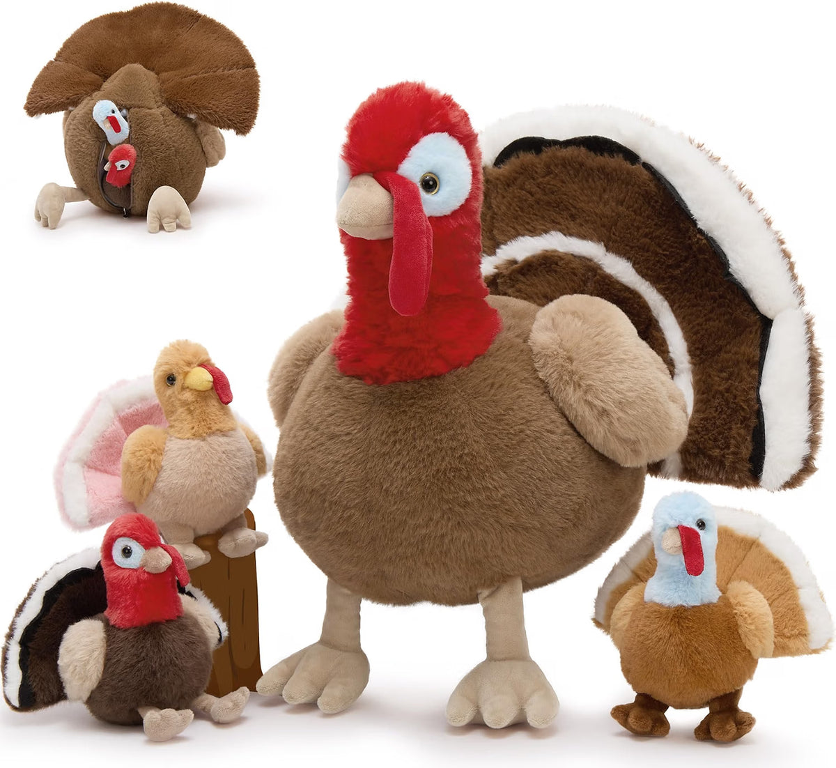 14" Thanksgiving Turkey Stuffed Animal with 3 Baby Turkeys – Soft Fall Plush Toy & Holiday Décor