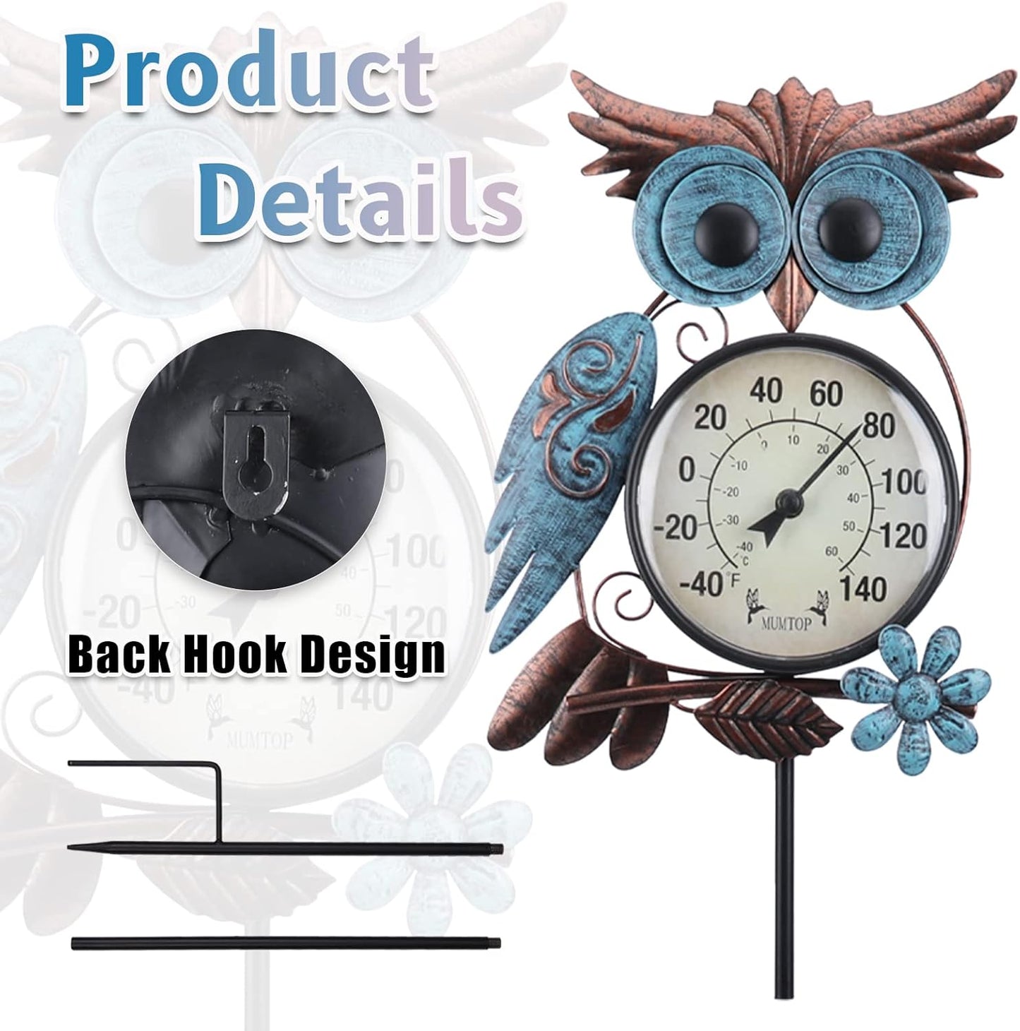 42" Metal Owl Outdoor Thermometer – Garden Stake or Wall-Mount Thermometer for Patio, Yard & Garden