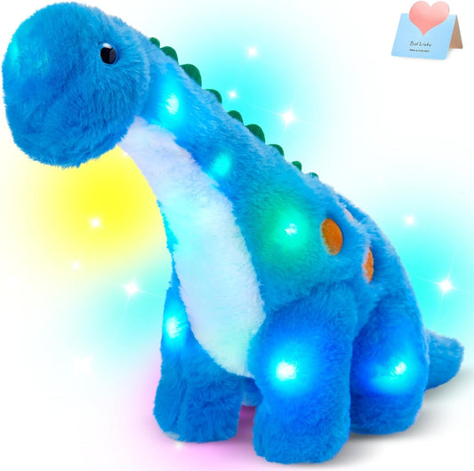 14" Glow-in-the-Dark Blue Dinosaur Plush Toy – LED Diplodocus Night Light for Kids