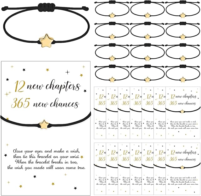 24 Sets New Year Bracelets - Adjustable Braided Star Bracelets with Wish Cards for 2026
