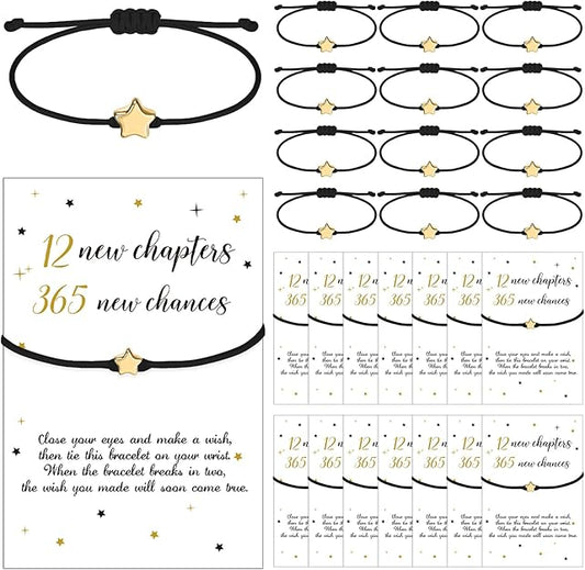 24 Sets New Year Bracelets - Adjustable Braided Star Bracelets with Wish Cards for 2026