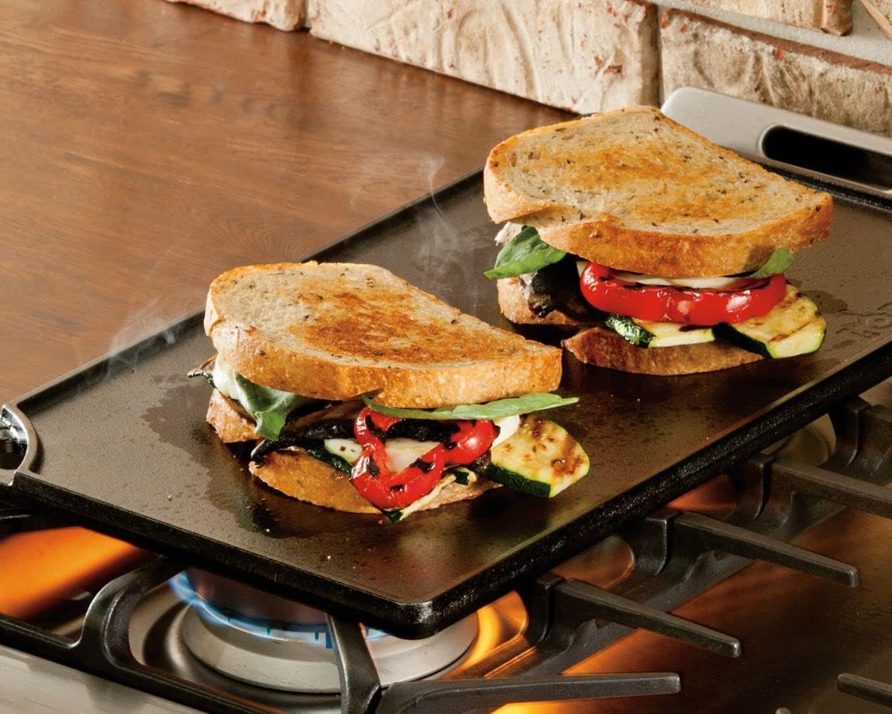 Reversible Cast Iron Grill/Griddle – Dual-Sided Double Burner Pan (Black)