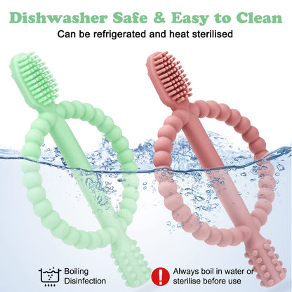 Baby Silicone Teething Toothbrush – Easy-Hold Handle, Double-Sided Gum Massager (Bright Green & Caramel)