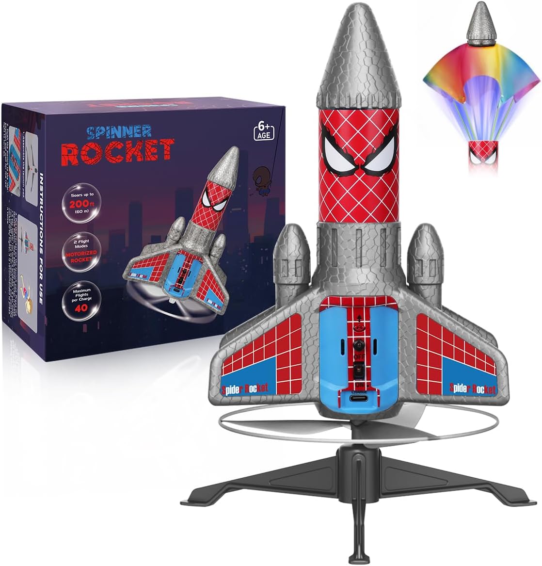 Electric Rocket Launcher for Kids – Auto Launch, 200ft Flight & Parachute (Ages 6–13, Spider Design)