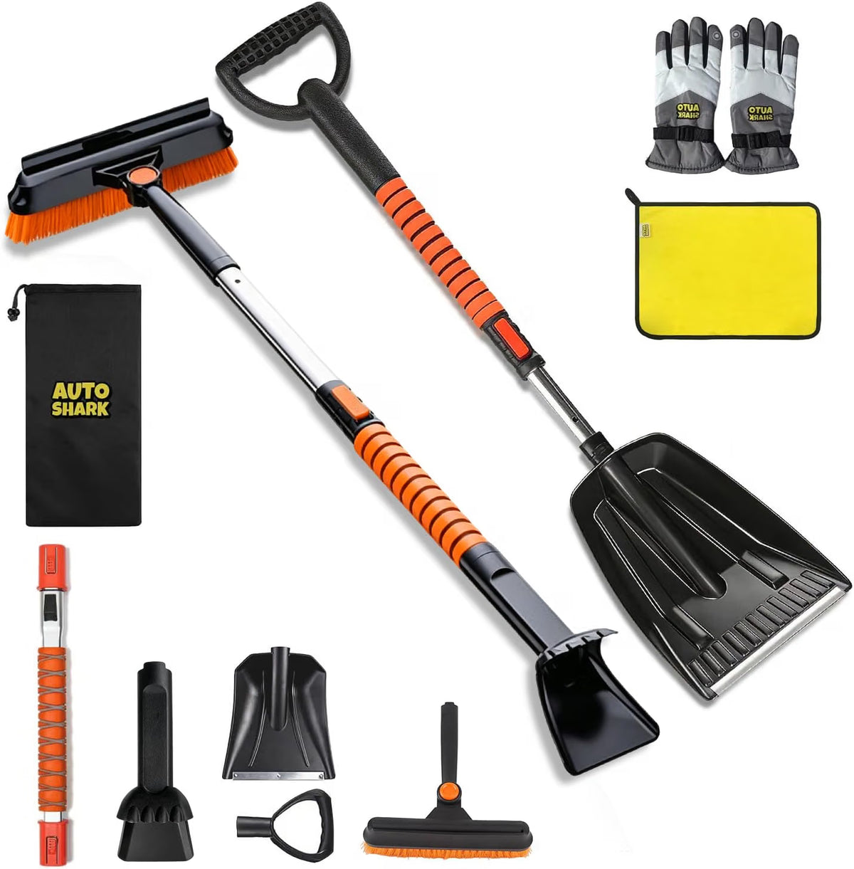 7-in-1 Extendable Snow Brush & Shovel Kit – 47.2" Ice Scraper with 360° Pivoting Head, Foam Grip & Glove for Cars