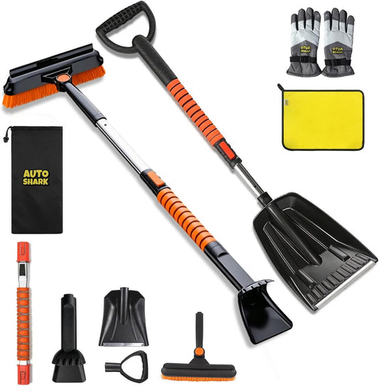 7-in-1 Extendable Snow Brush & Shovel Kit – 47.2" Ice Scraper with 360° Pivoting Head, Foam Grip & Glove for Cars
