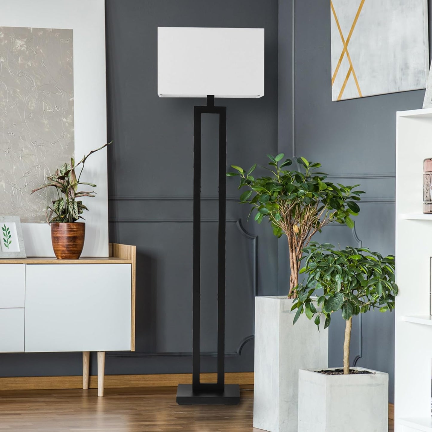 58" Modern Floor Lamp - Matte Black with White Linen Shade