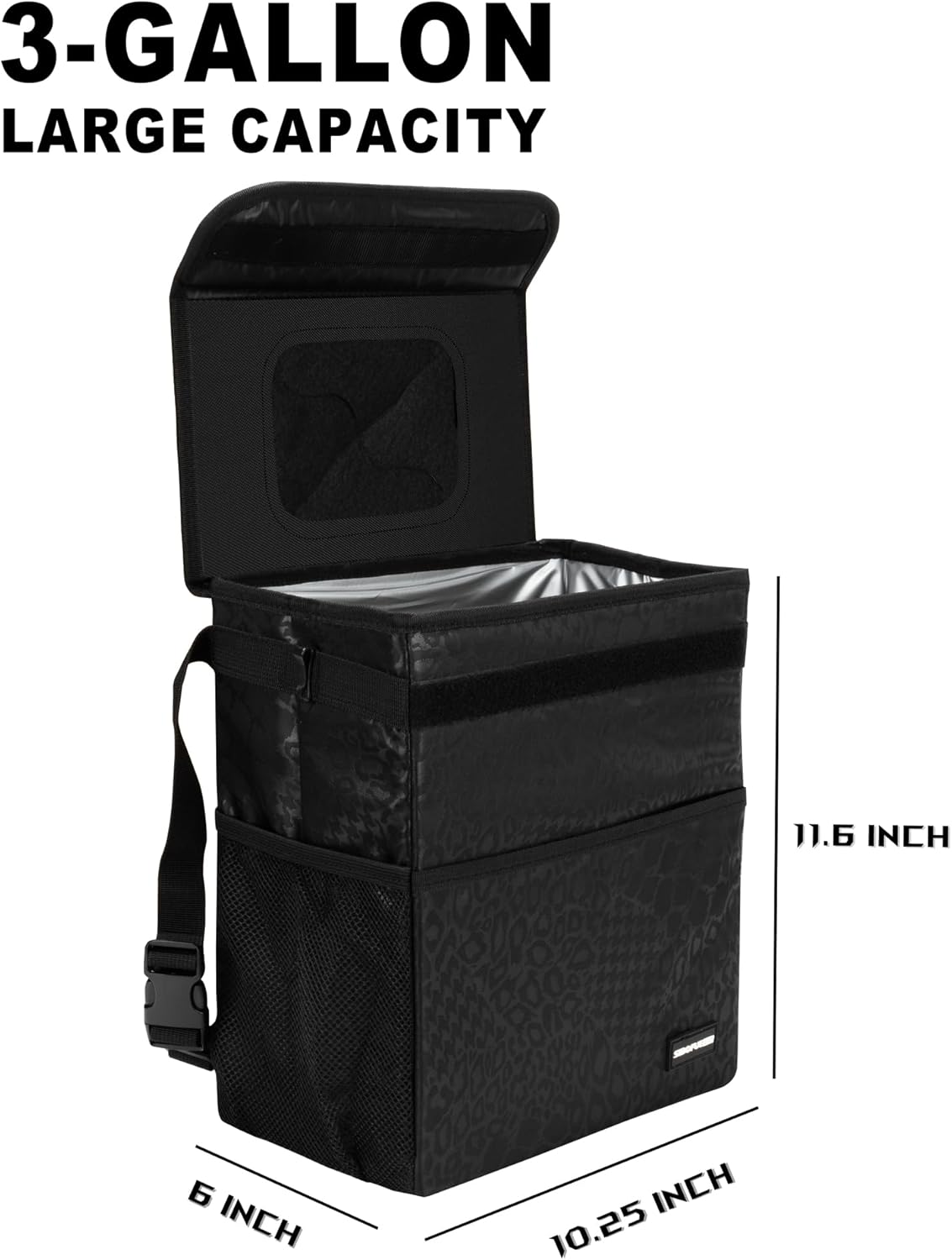 3 Gallon Car Trash Can – Leakproof Waterproof Car Organizer with Pockets & Adjustable Straps – Black Leopard