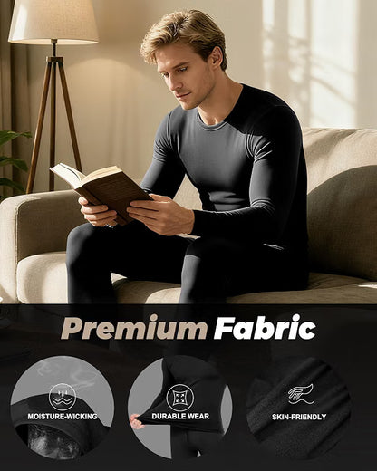 Men’s Thermal Underwear Set – Fleece-Lined Long Johns for Winter & Cold Weather, Black Large