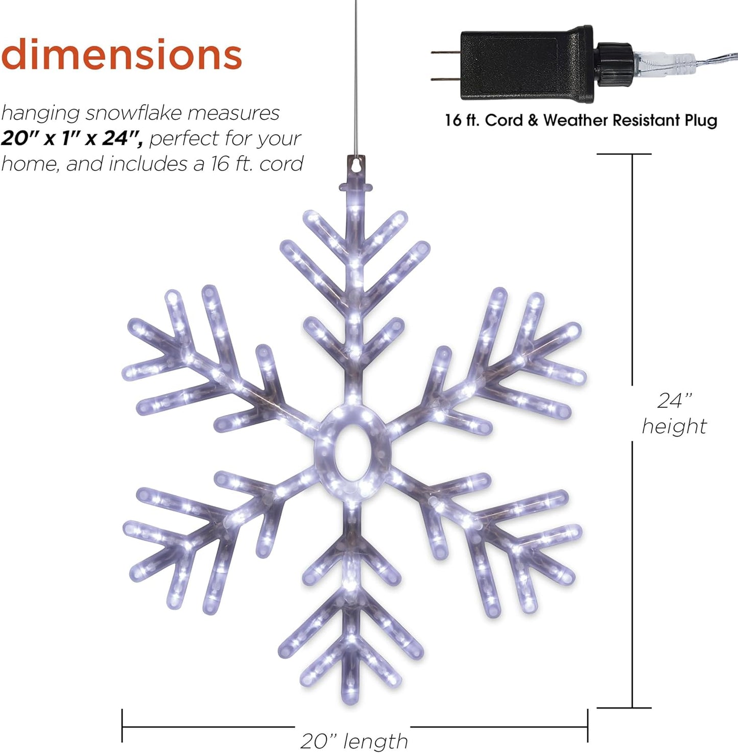 24" Snowflake Lights Decor - Indoor/Outdoor Hanging Christmas Decoration with Cool White LEDs