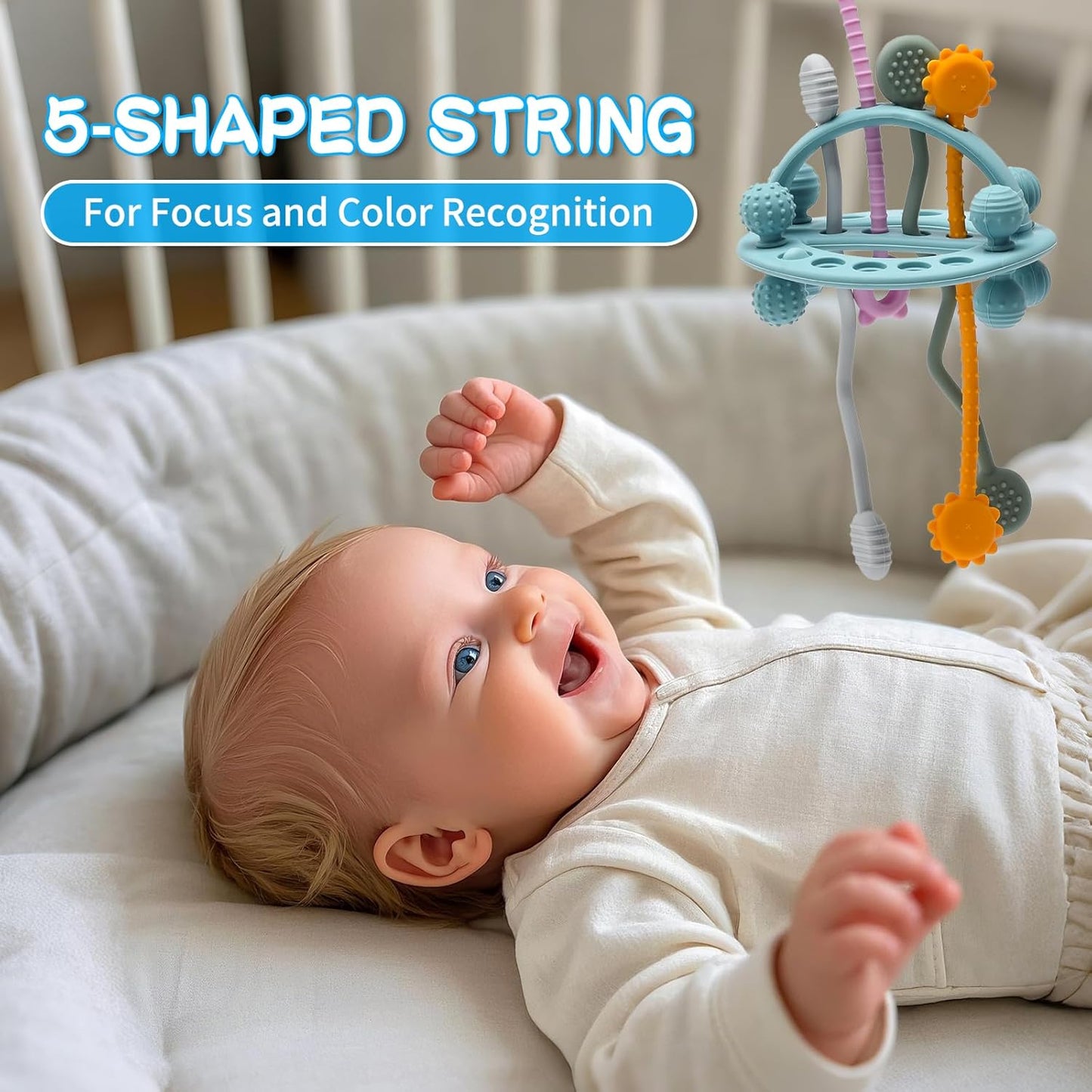 Montessori Pull String Baby Toy – Food-Grade Silicone Sensory Teether (Blue, 18+ Months)