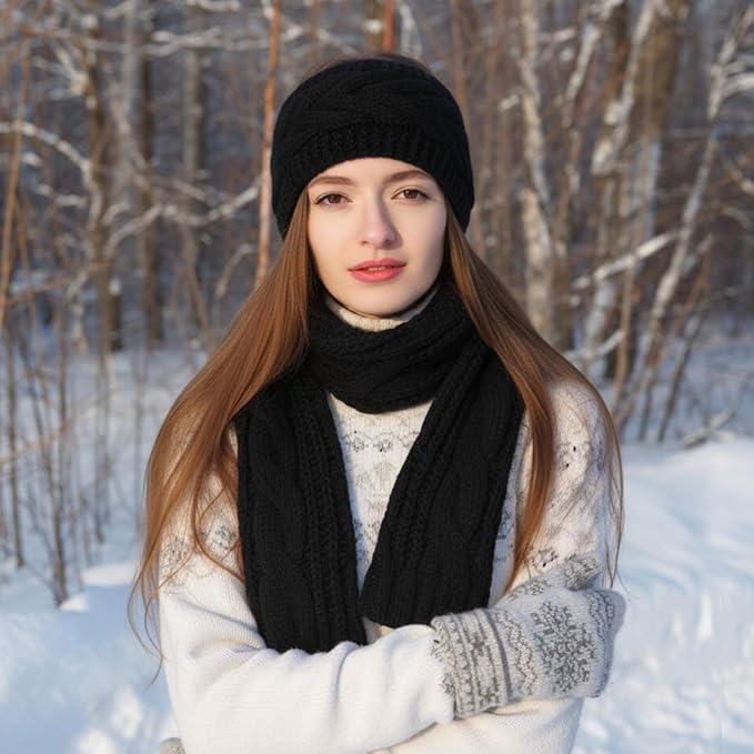 Women’s Cable Knit Scarf & Ear Warmer Headband Set – Fleece-Lined Winter Accessories (Black/Khaki)