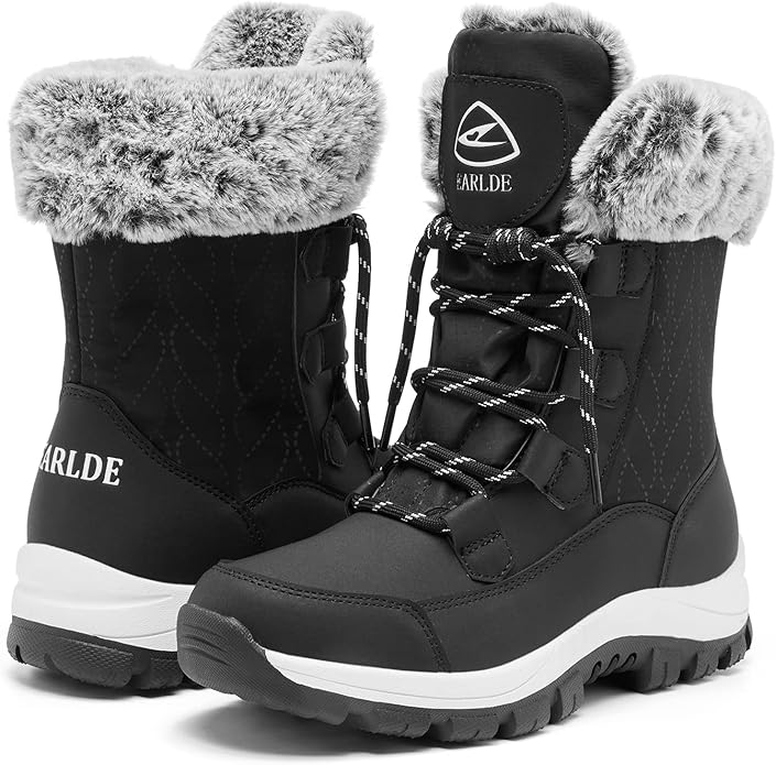 Women’s Waterproof Mid-Calf Snow Boots – Faux Fur Lined, Non-Slip Sole (Black Wheat Stripe, Size 8)