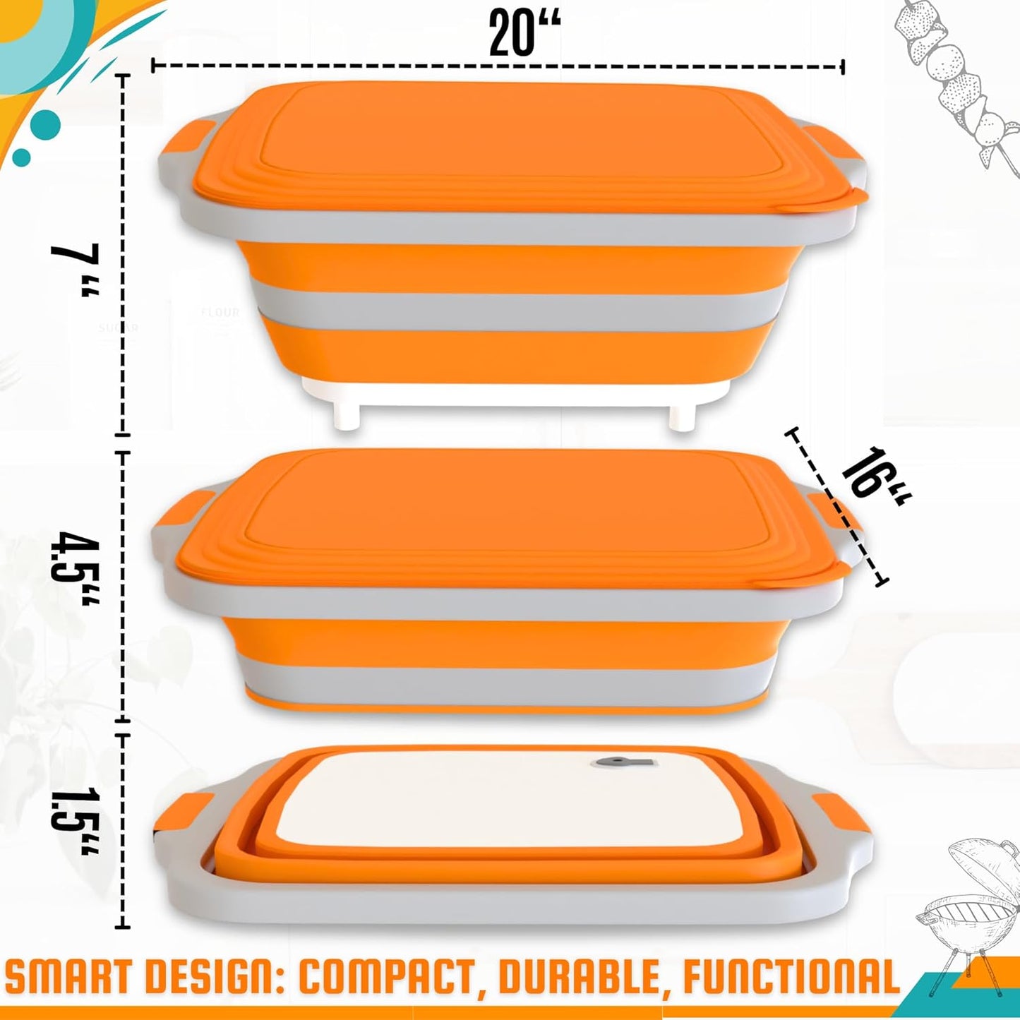 BBQ Prep Tub XL Size with 2 Meat Shredder Claws, Collapsible Cutting Board, and Drip Easy Lid