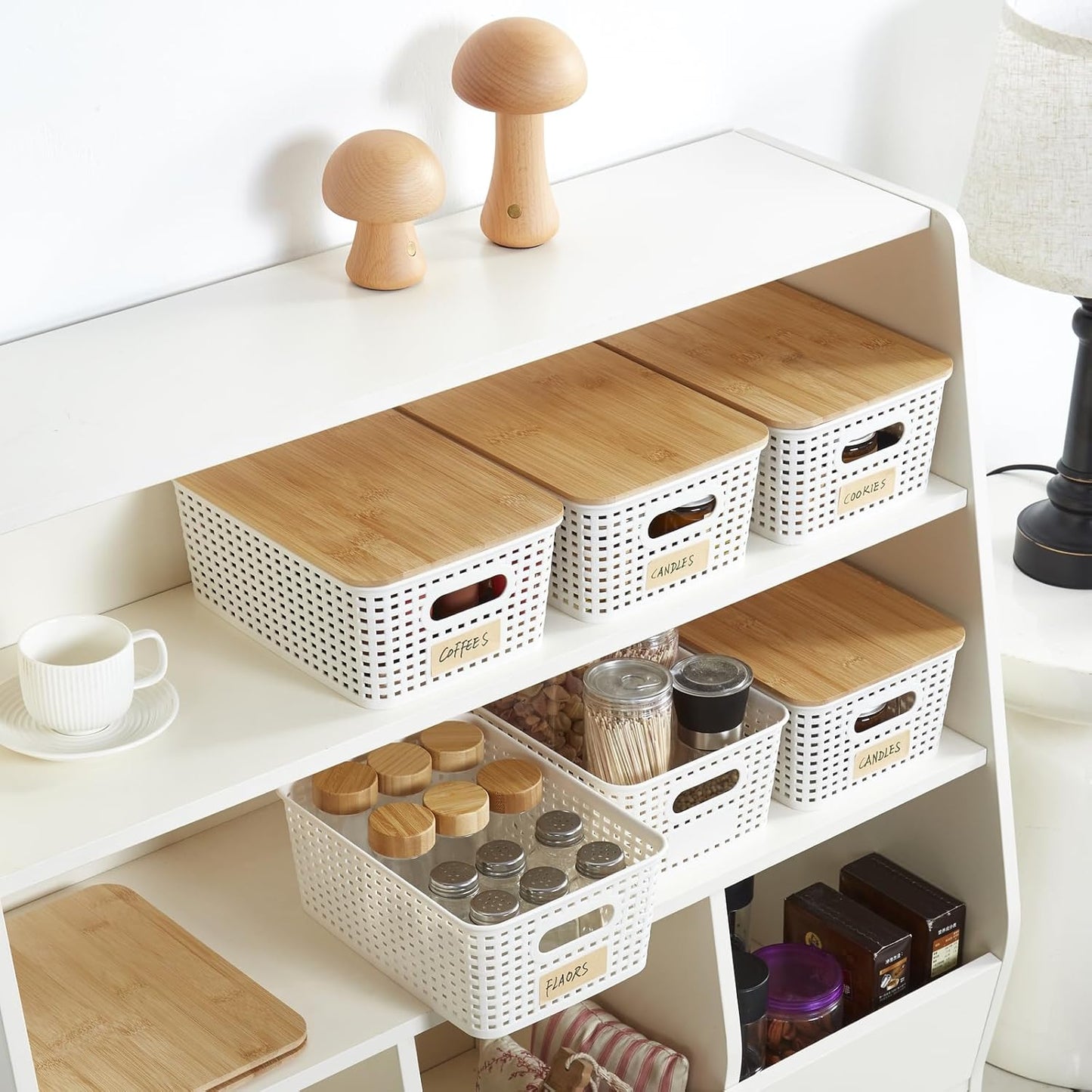 Small Plastic Storage Bins with Bamboo Lids – 5.2 Qt Stackable Organizer Boxes with Labels – Cream White (6 Pack)