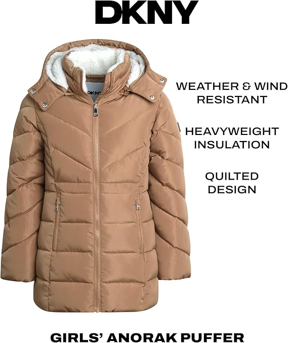 Girls’ Winter Jacket – Heavyweight Long Anorak Puffer Coat with Hood, Sherpa-Lined & Insulated (Toffee Beige, Size 4)