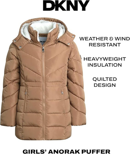Girls’ Winter Jacket – Heavyweight Long Anorak Puffer Coat with Hood, Sherpa-Lined & Insulated (Toffee Beige, Size 4)