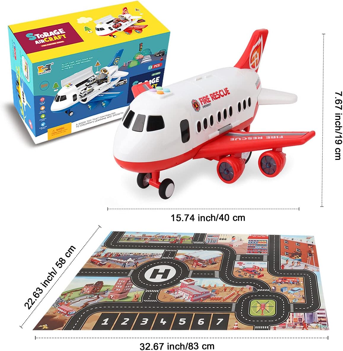 Airplane Toy Playset – Includes Fire Trucks, Play Mat, Lights & Sounds (Ages 3+)