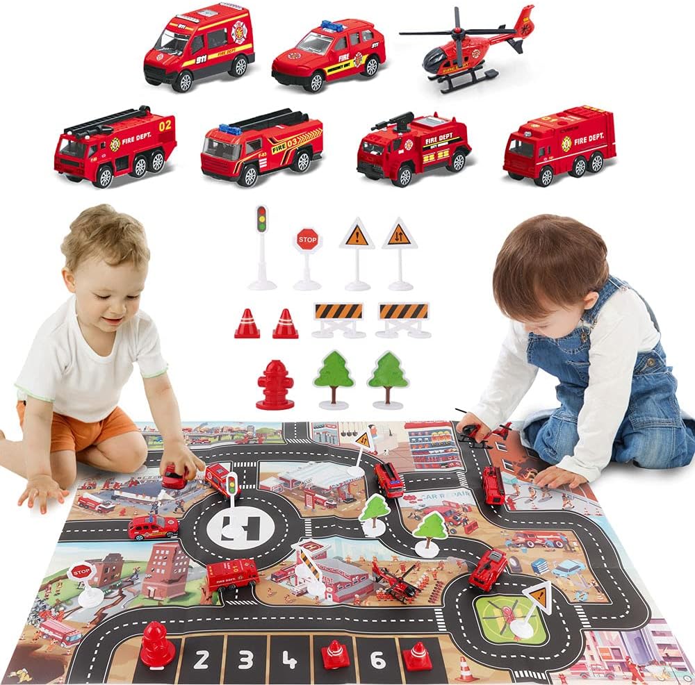 Airplane Toy Playset – Includes Fire Trucks, Play Mat, Lights & Sounds (Ages 3+)