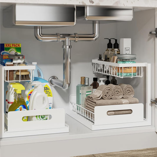 2-Tier Under-Sink Organizer – Pull-Out Cabinet Storage Shelf for Kitchen and Bathroom, Available in Gray, White, and Black (2-Pieces)