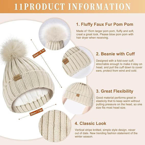 3-in-1 Winter Beanie Hat Scarf Gloves Set for Women with Pom Pom Long Scarf Neck Warmer Touchscreen Gloves