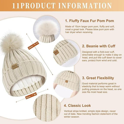3-in-1 Winter Beanie Hat Scarf Gloves Set for Women with Pom Pom Long Scarf Neck Warmer Touchscreen Gloves