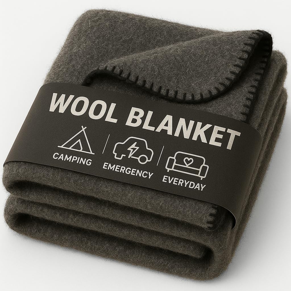 Wool Camping Blanket – Heavy-Duty Military Style, Warm & Washable (Grey, 62" x 84")