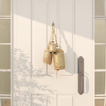 Set of 3 Gold Metal Tibetan-Style Giant Cow Bells with Jute Rope