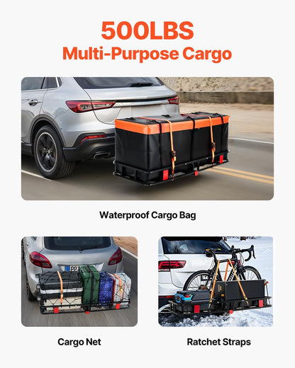 Folding Hitch Mount Cargo Carrier (60" x 24" x 6") 500 lb Load Capacity, Cargo Basket with Waterproof Bag for 2" Hitch Receivers