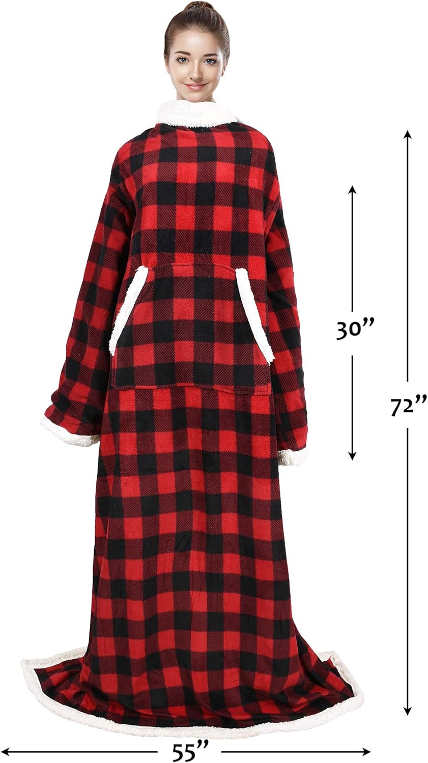 Sherpa Wearable Blanket with Sleeves – Super Soft, Warm Fleece TV Throw for Adults (Buffalo Plaid)