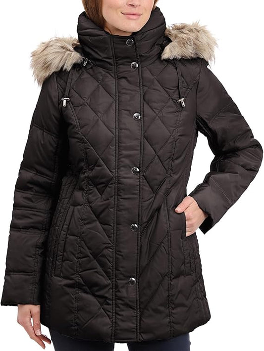 Women’s Diamond Quilted Down Coat – Lightweight with Detachable Fur Hood