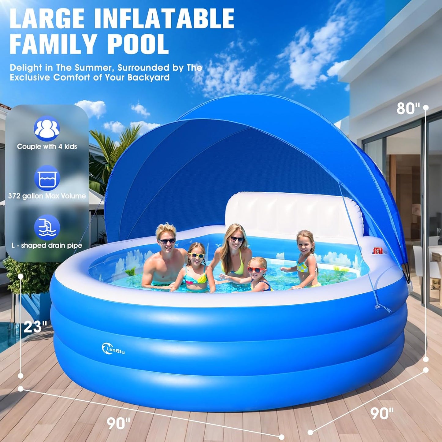 2026 Extra Large Inflatable Family Pool with Canopy – Round Backyard Lounge Pool with Bench & Backrest for Kids & Adults – 90" x 90" x 80"
