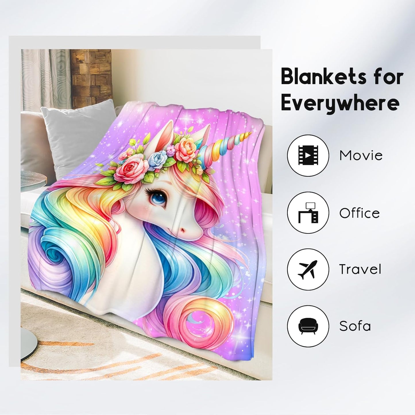 Kids Unicorn Throw Blanket for Girls – Cute Cozy Blanket for Sofa & Bed (50" x 60")